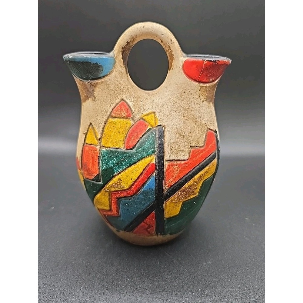 Vintage Wedding Vase Double Spout Mexican Native American Style - 6" tall